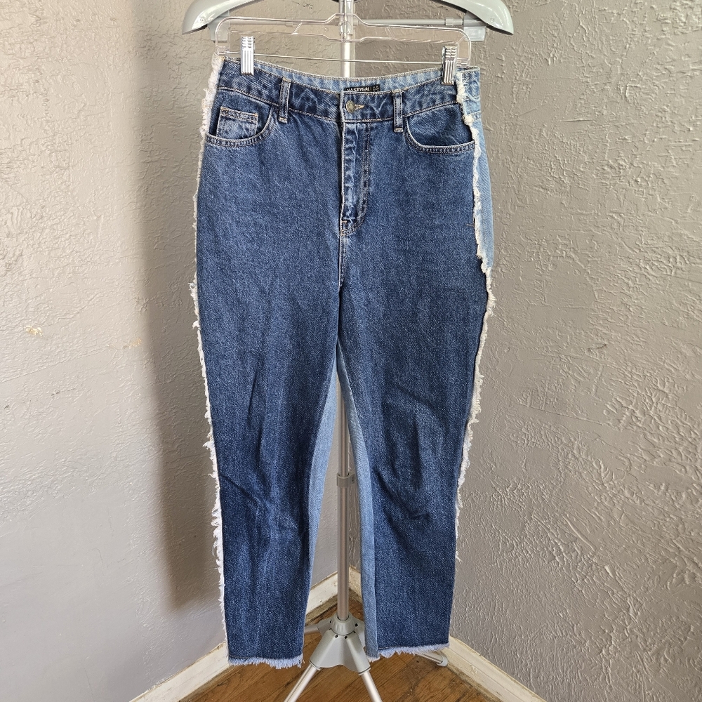 Nasty Gal Blue Two Tone Denim Women's Jeans Frayed Distressed Hippie Festival